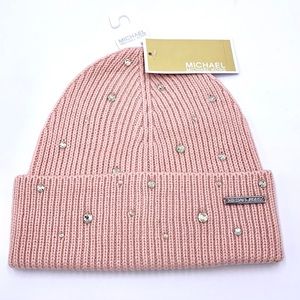 MICHAEL Michael Kors Pink Crystal Embellished Rib Cuff Knit Beanie Hat